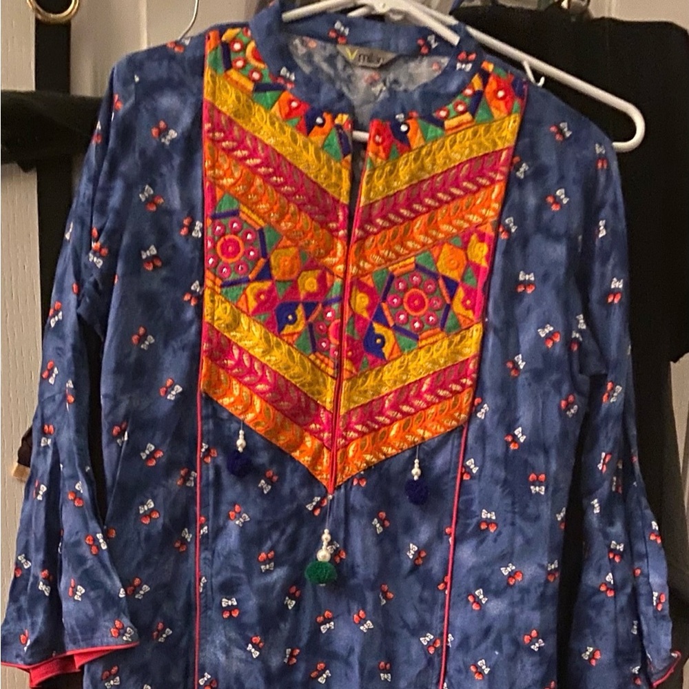 India Boutique Navy Blue Maxi Dress with Multicolor Embroidered Yoke